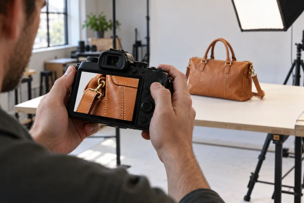 Photographer reviewing product detail for website image quality.