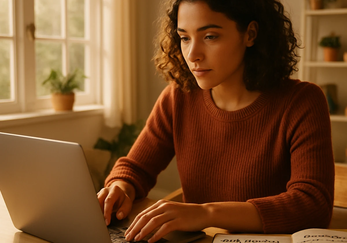 Content writer in a bright home office workspace typing