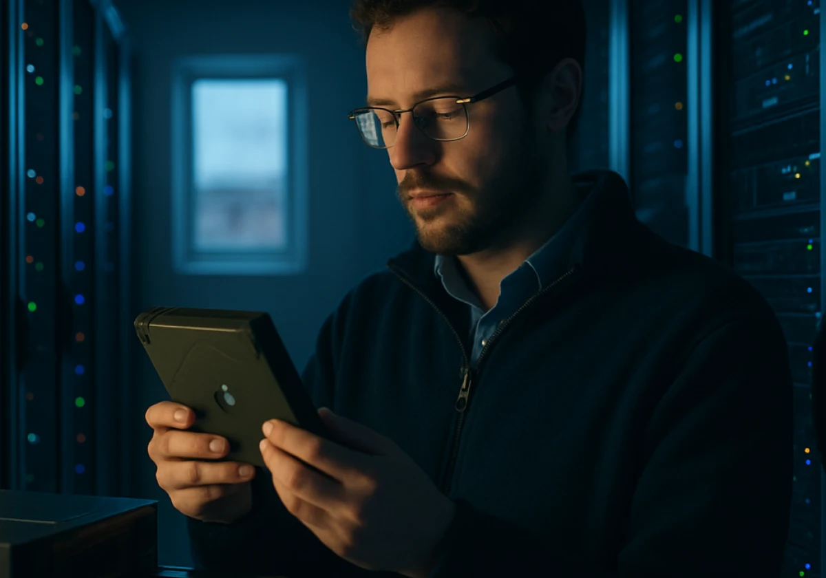 Database administrator in a climate-controlled server room checking