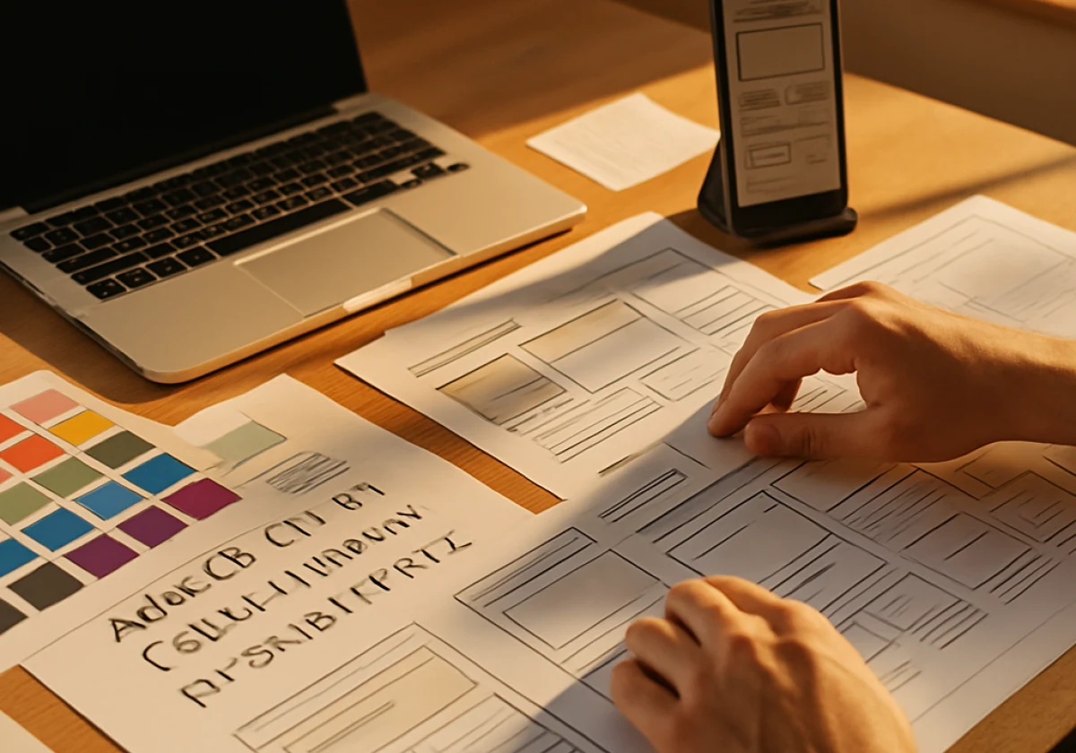 Designer's workspace at a desk with color swatches
