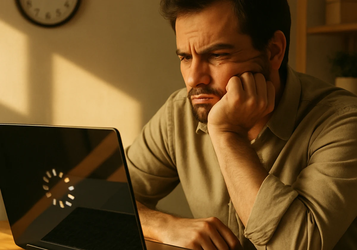 Frustrated small business owner sitting at a desk watching their
