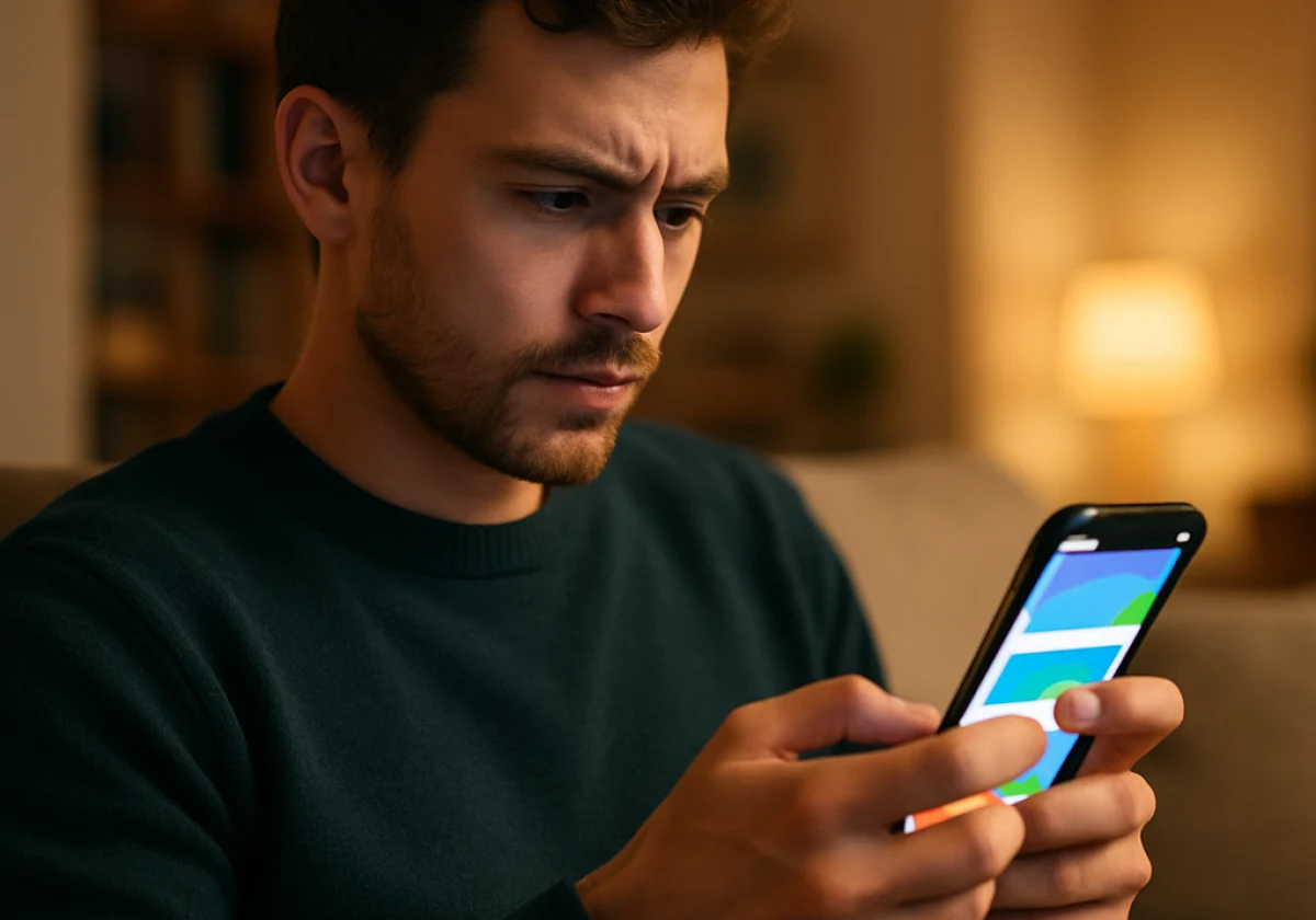 Person sitting on a comfortable couch holding a smartphone