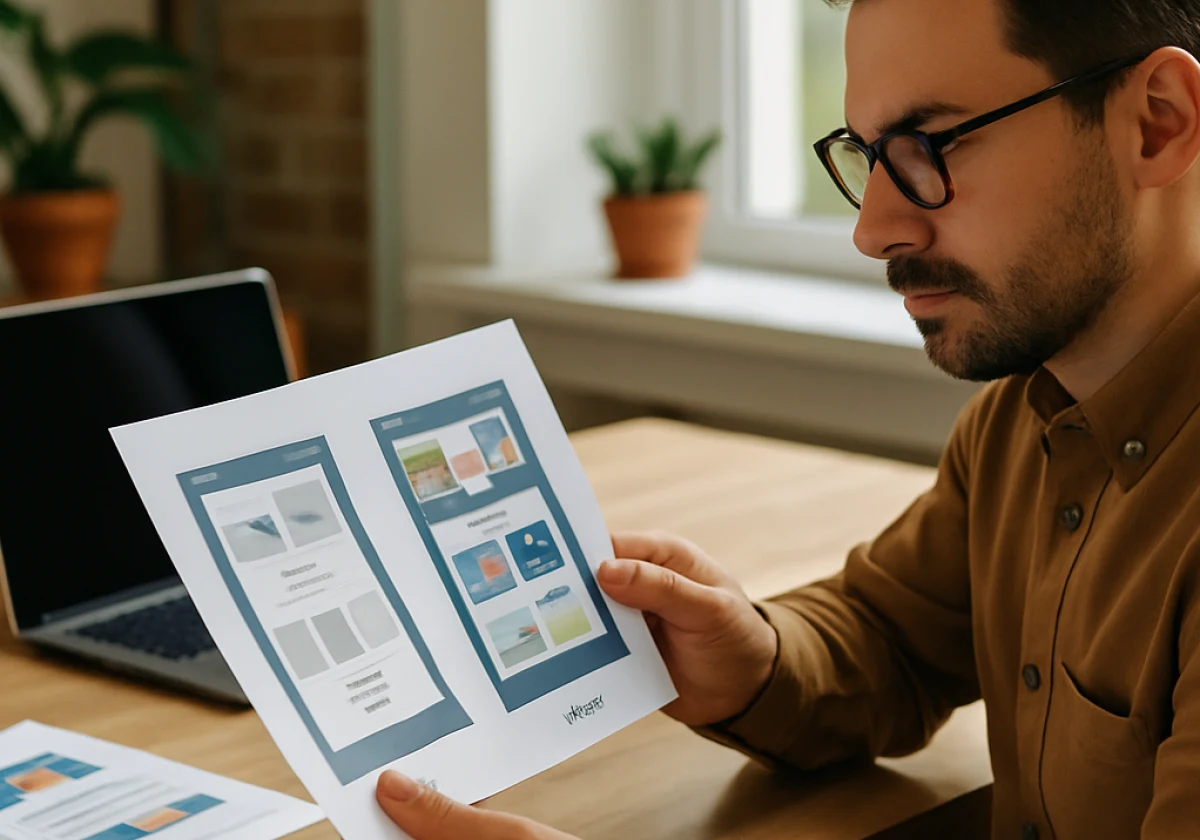 Small business owner at a desk examining a printed before-and-after