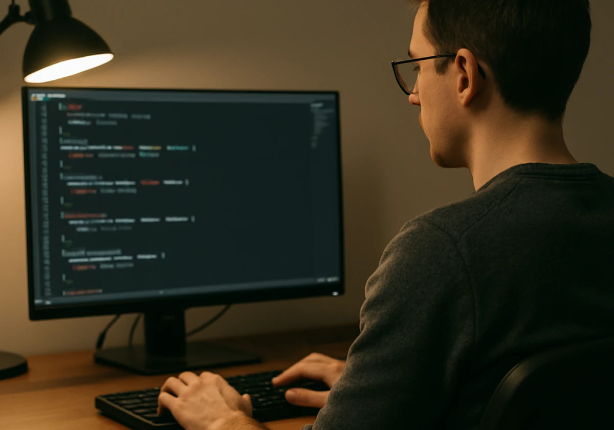 Software developer seated at a desk facing a monitor displaying CSS