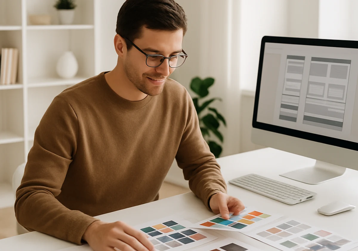 Web designer sitting at a minimalist white desk in a bright