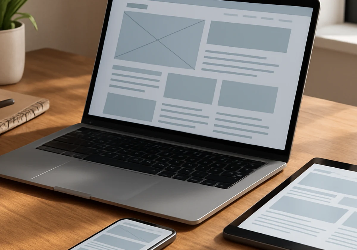 Web designer's workspace with a laptop open displaying website mockups