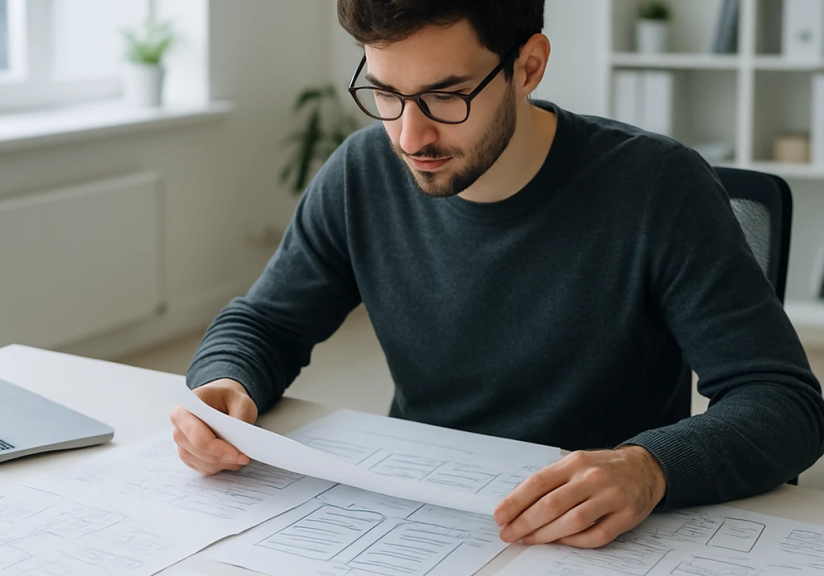 Web developer in a modern office studying multiple printed project