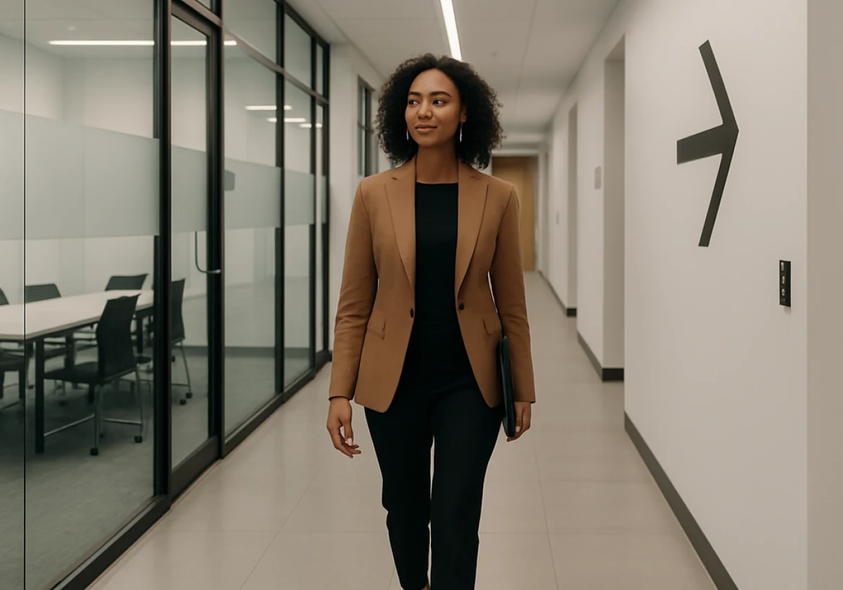 Young professional woman walking confidently through a contemporary